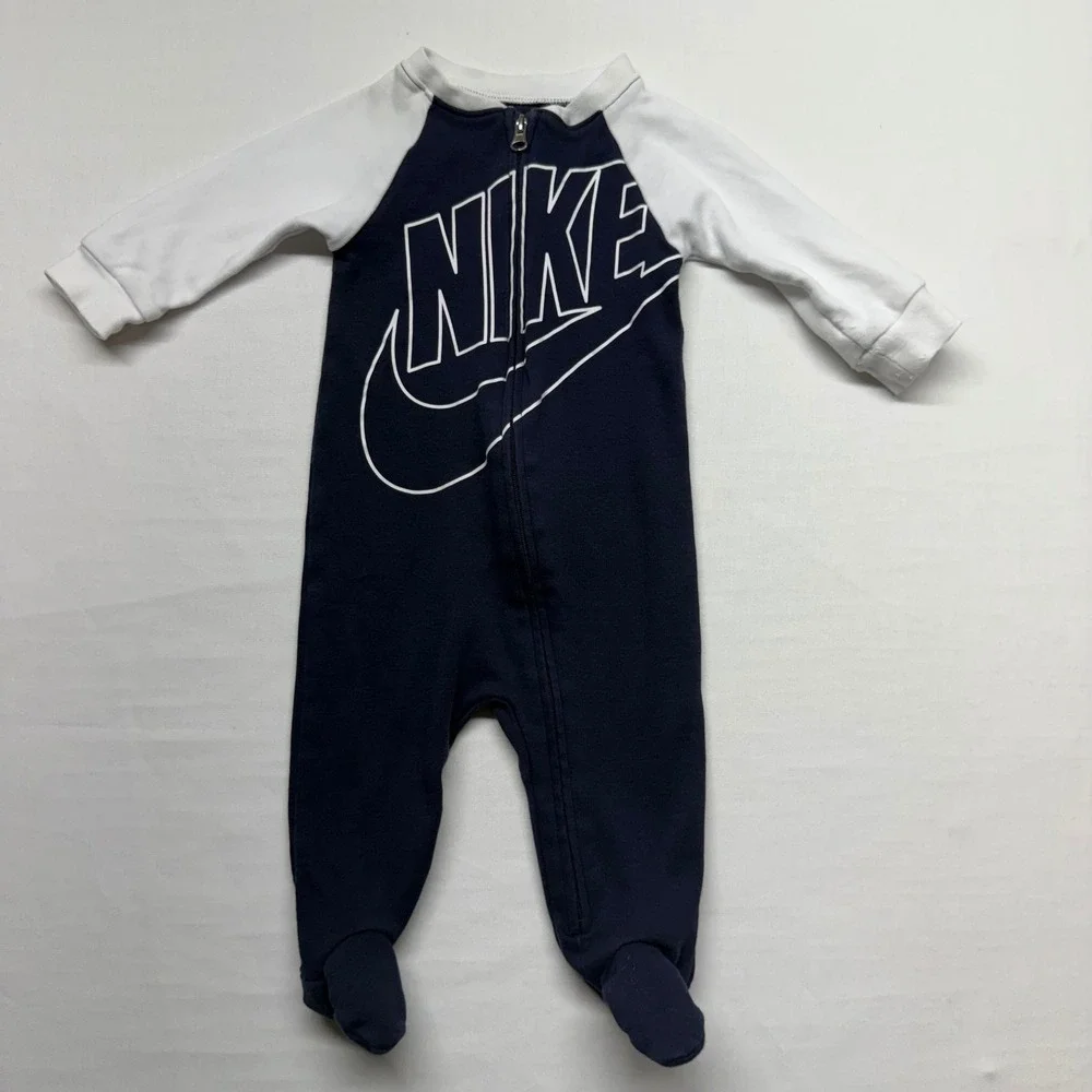 Nike Baby Footed Sleeper 6M Navy White Logo Zip Cotton One Piece Pajamas